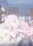  1girl absurdres applepie_(12711019) bed_sheet blue_archive blush cellphone_photo clothes_hanger demon_horns demon_wings dress grey_hair highres hina_(blue_archive) horns indoors lying on_bed on_side open_mouth pillow pink_dress polka_dot polka_dot_dress sleeping solo wings 