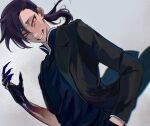  1boy black_coat black_skin blurry blurry_background claws coat colored_skin fang fullmetal_alchemist gradient gradient_skin greed_(fma) grin hair_between_eyes half-closed_eyes hand_in_pocket highres ling_yao long_hair looking_at_viewer male_focus medium_hair oj_0624 open_clothes open_coat ponytail purple_hair purple_skin red_eyes smile solo teeth 