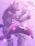 abs anthro bathym bed biceps canid canine canis fur furniture hi_res horn johnathan_oceans lifewonders living_tail lying male mammal muscular muscular_anthro muscular_male nude on_side pecs purple_body purple_fur solo tail tokyo_afterschool_summoners unusual_anatomy unusual_tail wolf