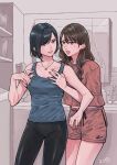  2girls artist_name asano_ayako bathroom black_hair brown_hair ear_piercing fujimura_saori highres jewelry long_hair mirror multiple_girls necklace nikurashii_hodo_aishiteru pants piercing short_hair yuni_(monoxx) 