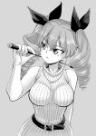  1girl anchovy_(girls_und_panzer) arm_behind_back arm_up belt breasts breasts_day closed_mouth drill_hair girls_und_panzer good_breasts_day greyscale hair_ribbon highres holding_riding_crop large_breasts long_hair looking_to_the_side monochrome ribbed_sweater ribbon riding_crop simple_background sleeveless sleeveless_sweater solo sutahiro_(donta) sweater turtleneck turtleneck_sweater twin_drills upper_body 