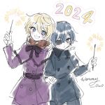  2024 2boys absurdres alois_trancy artist_name belt blonde_hair blue_dress blue_eyes blue_hair blush capelet ciel_phantomhive dress earrings eyepatch fireworks fur_trim hair_between_eyes hand_around_neck highres holding_fireworks jewelry kuroshitsuji male_focus multiple_boys o3o otoko_no_ko purple_belt purple_capelet purple_dress purple_ribbon ribbon short_hair simple_background sketch smile sparkler white_background wormy_owo yaoi 