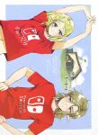  1boy 1girl 2022 arms_up bangs blonde_hair blue_eyes blush closed_mouth commentary dated english_text green_eyes hair_between_eyes hair_ornament hairclip hands_on_hips highres house link looking_at_another navel nintendo_switch_shirt pointy_ears princess_zelda red_shirt shirt short_sleeves smile t-shirt the_legend_of_zelda the_legend_of_zelda:_breath_of_the_wild the_legend_of_zelda:_breath_of_the_wild_2 twitter_username zmauuchan 