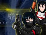  2girls android armor black_hair blue_eyes blue_hair bullpup commentary copyright_name counter-strike counter-strike_(series) diooksan elster_(signalis) english_commentary finger_on_trigger gun highres holding holding_gun holding_weapon looking_at_viewer mask mouth_mask multiple_girls parody pauldrons pump_action revolver robot_girl short_hair shotgun shoulder_armor signalis storch_(signalis) weapon 