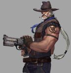  1boy arm_hair arm_tattoo bara beard copyright_request cowboy_hat cowboy_shot facial_hair fighting_stance fl_(l-fl) full_beard gun hat hat_over_one_eye holding holding_gun holding_weapon large_hands long_mustache looking_at_viewer low_ponytail male_focus muscular muscular_male official_art old old_man pants pectorals ready_to_draw sidepec solo tattoo thick_beard thick_eyebrows veins veiny_arms weapon weapon_request white_hair wrinkled_skin 