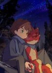  anthro bandai_namco bandanna betelgammamon blush campfire camping cuddling digimon digimon_ghost_game duo hand_holding hiro_amanokawa horn human kabomelon kerchief male male/male mammal red_body scalie sky sleeping star starry_sky tent 