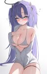  1girl @_@ blue_archive blush bra breasts cleavage closed_mouth collarbone cowboy_shot flying_sweatdrops grey_bra grey_shirt hair_between_eyes halo highres large_breasts long_hair long_sleeves mechanical_halo nenight partially_unbuttoned purple_eyes purple_hair shirt solo thigh_strap underwear yuuka_(blue_archive) 