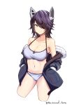  1girl absurdres bikini breasts eyepatch floating_headgear headgear highres jacket kantai_collection large_breasts looking_at_viewer medium_hair navel off_shoulder official_alternate_costume purple_hair smile solo swimsuit tenryuu_(kancolle) tenryuu_kai_ni_(kancolle) the_second_form white_bikini yellow_eyes 