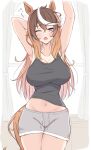  1girl absurdres alternate_costume animal_ears armpits arms_up black_tank_top blush breasts brown_hair cleavage commentary_request cowboy_shot curtains grey_shorts hair_between_eyes highres himuraanzu horse_ears horse_girl horse_tail indoors large_breasts looking_at_viewer midriff multicolored_hair navel one_eye_closed open_mouth purple_eyes shorts solo streaked_hair symboli_rudolf_(umamusume) tail tank_top umamusume waking_up white_hair yawning 