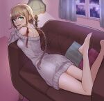  1girl alternate_costume aran_sweater bare_legs bare_shoulders barefoot braid brown_hair cable_knit commentary_request commission couch curtains feet feet_up foot_out_of_frame grey_eyes grey_sweater hairband indoors kurumi_wendy legs long_hair looking_at_viewer lying master_detective_archives:_rain_code mixed-language_commentary off_shoulder on_couch pillow pink_nails ryo_(tmsm7885) smile solo sweater toenails toes twin_braids window 