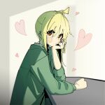  1girl absurdres ahoge blonde_hair blush bocchi_the_rock! green_hoodie hand_on_own_face heart highres hood hoodie ijichi_nijika long_hair looking_at_viewer machuuu68 red_eyes side_ponytail sitting yuri 