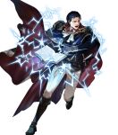  1girl black_hair book cape epaulettes fire_emblem fire_emblem:_thracia_776 fire_emblem_heroes gloves hair_slicked_back highres lightning non-web_source official_alternate_costume official_art open_mouth red_cape reinhardt_(fire_emblem) reinhardt_(thrud_reborn)_(fire_emblem) solo tagme white_gloves 