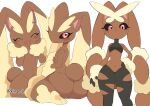 2024 anthro big_butt biped black_sclera blush breasts brown_body brown_fur butt chest_tuft eyes_closed female flat_chested floppy_ears fluffy fluffy_ears front_view frown fur generation_4_pokemon hand_on_face hand_on_hip happy huge_hips kiirono long_ears looking_at_viewer lop_ears lopunny mega_evolution mega_lopunny midriff multiple_images navel nintendo nude open_mouth open_smile pink_eyes pink_nose pokemon pokemon_(species) pseudo_clothing rear_view signature simple_background sitting small_breasts small_waist smile solo standing tan_body tan_fur thick_thighs tuft wariza white_background wide_hips