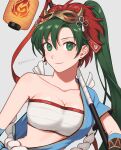  1girl bandages bandeau bangs blue_skirt breasts chest_sarashi cleavage collarbone earrings fire_emblem fire_emblem:_the_blazing_blade fire_emblem_heroes green_eyes green_hair highres jewelry large_breasts long_hair lyn_(fire_emblem) mask mask_on_head midriff official_alternate_costume peach11_01 ponytail sarashi short_sleeves simple_background single_bare_shoulder single_sleeve skirt smile solo stomach strapless tube_top upper_body very_long_hair white_background 