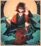  1boy brown_hair chinese_clothes earrings gaming_(genshin_impact) genshin_impact highres japanese_clothes jewelry kimono looking_to_the_side male_focus mole mole_on_neck nekojinnyart single_earring smile solo teeth 