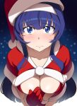  1girl blue_eyes blue_hair blush breasts cleavage hairband hat highres long_hair looking_at_viewer medium_breasts orie_(under_night_in-birth) santa_costume santa_hat solo touniyuu under_night_in-birth white_hairband 