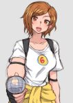  1girl absurdres april_o&#039;neil arm_strap brown_eyes fingerless_gloves fortnite gloves highres looking_at_viewer microphone shirt short_hair simmsy strap sweater t-shirt tied_sweater yellow_sweater 