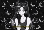  1990s_(style) 1girl anime_coloring black_background black_hair black_tank_top breasts claws cleavage collarbone commentary commission crescent demon_horns elbow_on_arm english_commentary english_text eyelashes feathers gradient_skin greyscale hand_on_own_chin horns long_hair looking_at_viewer medium_breasts monochrome nyahallo_(rambonyankitty) original outline parted_bangs parted_lips retro_artstyle simple_background smile solo starry_background tank_top upper_body white_outline 