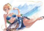  1girl arm_support ayase_eli ayauchi beach bikini bikini_skirt blonde_hair blue_bikini blue_eyes blue_skirt breasts breasts_apart closed_mouth collarbone dutch_angle front-tie_bikini_top front-tie_top full_body hair_bun halterneck highres horizon looking_at_viewer love_live! lying medium_breasts ocean on_ground on_side sand scrunchie shoes single_hair_bun single_side_bun skirt sky smile solo swimsuit 