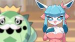 2022 blue_breasts blue_ears blue_hands blue_inner_ear blush breasts cleavage clothed clothing crown cute_fangs drunk_oak duo eeveelution female generation_4_pokemon glaceon green_body hi_res nintendo open_mouth pink_clothing pink_tongue pokemon pokemon_(species) tongue video_games 