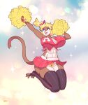anthro biped bottomwear breasts brown_body cheerleader clothed clothing eyelashes felid feline female fur genitals hi_res legwear mammal mewpan panties pom_poms pubes pupils pussy pussy_floss skirt smile solo thigh_highs underwear