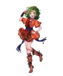  1girl blue_sash boots bracelet brown_footwear dress fire_emblem fire_emblem:_thracia_776 fire_emblem_heroes full_body green_eyes green_hair highres jewelry looking_at_viewer medium_hair non-web_source official_art open_mouth red_dress sash smile solo tachi-e tina_(fire_emblem) 