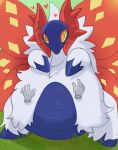 &lt;3 absurd_res ambiguous_gender ancient_pokemon anthro arthropod belly belly_rub belly_squish big_belly big_wings biped blue_body blush disembodied_hand duo fluffy front_view fur generation_9_pokemon grass green_background hand_on_stomach happy hi_res insect lepidopteran moth multicolored_body nintendo overweight overweight_ambiguous overweight_anthro paradox_pokemon plant pokemon pokemon_(species) simple_background slither_wing solo_focus squish standing white_body white_fur wings x_eyes xeniyy yellow_sclera