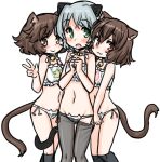  3girls :3 :o akiyama_yukari animal_ears bangs bell black_pantyhose black_socks blush bra breasts brown_eyes brown_hair cat_cutout cat_ear_panties cat_ears cat_girl cat_lingerie cat_tail cleavage_cutout clothes_pull clothing_cutout commentary frilled_bra frills girl_sandwich girls_und_panzer green_eyes grey_hair jingle_bell kneehighs lingerie looking_at_viewer meme_attire midriff mifune_ryuuko multiple_girls navel neck_bell open_mouth own_hands_together panties pantyhose pantyhose_pull rori_(4chan) sandwiched sanya_v._litvyak short_hair side-tie_panties simple_background sketch small_breasts smile socks tail underwear white_background white_panties 