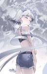  1girl absurdres bare_shoulders barefoot branch breasts closed_mouth flower grey_eyes grey_flower grey_hair gua61 hair_ribbon highres looking_at_viewer medium_breasts ofuda original outdoors ribbon short_hair short_shorts shorts sleeveless snowing solo white_flower 