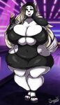  absurd_res anthro big_breasts breasts canid canine cleavage clothed clothing dress female footwear hi_res huge_breasts mammal mature_female shoes solo superix thick_thighs 