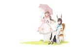  absurdres ambience_synesthesia amiya_(arknights) animal_ear_fluff animal_ears arknights black_footwear blue_eyes bonnet boots bouquet bow brown_hair closed_mouth commentary_request crossed_legs cup dress eyjafjalla_(arknights) fence flower frilled_dress frilled_umbrella frills high_heel_boots high_heels highres holding holding_bouquet holding_cup holding_saucer holding_umbrella long_sleeves official_alternate_costume pink_flower puffy_short_sleeves puffy_sleeves rabbit_ears red_eyes red_flower red_rose rose saucer short_sleeves simple_background slu_w smile standing standing_on_one_leg striped striped_bow tea teacup tiara twintails umbrella white_background white_dress white_flower white_footwear white_headwear yellow_flower 
