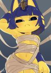  absurd_res animal_crossing ankha_(animal_crossing) anthro biped blue_hair breasts clothed clothing domestic domestic_cat felid feline felis female frown hair hi_res kemokin_mania mammal navel nintendo signature skimpy solo under_boob video_games wraps yellow_body 
