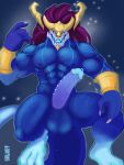 abs anthro aurelion_sol_(lol) balls barazoku biceps big_balls big_penis blue_body blue_eyes blue_tongue bracelet claws cosmic_fur crown digital_media_(artwork) dragon erection floating genitals glowing glowing_body glowing_eyes hair headgear hi_res huge_balls huge_penis humanoid_genitalia humanoid_penis jewelry league_of_legends looking_at_viewer male markings multicolored_body muscular muscular_anthro muscular_male muscular_thighs mythology nipples nude open_mouth pecs penile penis piercing purple_hair riot_games scalie simple_background smile solo tail teeth tongue valnvt