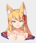  1girl animal_ear_fluff animal_ears bare_shoulders blonde_hair breasts chest_tattoo cleavage collarbone commentary_request fox_ears fox_girl green_eyes grey_background hair_ribbon jingai_modoki large_breasts long_hair mon-musu_quest! red_ribbon ribbon simple_background smile solo tamamo_(mon-musu_quest!) tattoo upper_body 