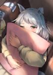  1girl absurdres animal_ears aoniyoshi couch ear_cover_removed ear_covers grey_hair highres hishi_miracle_(umamusume) holding holding_pillow horse_ears horse_girl horse_tail looking_at_viewer medium_hair on_couch one_eye_closed pillow pink_pillow solo swept_bangs tail umamusume waking_up 