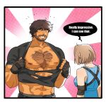  1boy 1girl abs alternate_pectoral_size bara bare_pectorals beard becheyb black_hair brown_hair carlos_oliveira character_request chest_hair dark-skinned_male dark_skin emphasis_lines english_text facial_hair fingerless_gloves from_side full_beard gloves grin heart heart-shaped_body_hair hetero highres huge_pectorals male_focus mature_male muscular muscular_male nipples pectorals resident_evil resident_evil_3:_nemesis resident_evil_3_(remake) shirt short_hair smile speech_bubble strongman_waist tearing_clothes thick_chest_hair thick_eyebrows torn_clothes upper_body 