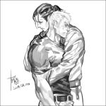  2boys bara belt bryan_fury character_request closed_eyes comforting from_side hug large_pectorals looking_ahead male_focus mature_male multiple_boys muscular muscular_male navel pectorals profile shirt short_hair short_ponytail sideburns sweatdrop t-shirt tekken topless_male white_hair yaoi yi_lee 