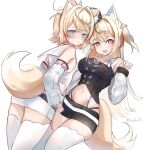  2girls :3 :d animal_ears black_skirt black_vest blonde_hair blue_eyes blue_hair breasts closed_mouth cosplay detached_sleeves do_u_(takanashi_kiara) dog_ears dog_girl dog_tail fuwawa_abyssgard highleg highleg_panties highres hololive hololive_english large_breasts long_hair looking_at_viewer mococo_abyssgard multicolored_hair multiple_girls navel open_mouth panties pink_eyes pink_hair short_hair siblings sidelocks sisters skirt small_breasts smile sobbi11 streaked_hair tail takanashi_kiara takanashi_kiara_(1st_costume) takanashi_kiara_(cosplay) thighhighs twins two_side_up underwear vest virtual_youtuber white_skirt white_sleeves white_thighhighs white_vest 