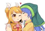  2girls apron bangs blue_apron blue_hair blush bow breasts closed_eyes closed_mouth double_bun dress dress_bow fingernails green_headwear green_scarf hair_bun hair_ribbon hand_up haniwa_(statue) haniyasushin_keiki head_scarf heart jewelry joutouguu_mayumi kiss kissing_cheek long_hair looking_to_the_side magatama magatama_necklace medium_breasts multiple_girls nakukoroni necklace one_eye_closed open_mouth orange_dress orange_eyes orange_hair pink_bow puffy_short_sleeves puffy_sleeves ribbon scarf shirt short_hair short_sleeves touhou upper_body white_ribbon white_shirt yellow_dress yuri 