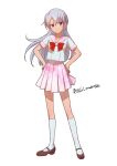  1girl artist_name bow brown_footwear grey_hair hands_on_own_hips kneehighs long_hair looking_at_viewer mutsuba_asaka ochi_marco pink_skirt pleated_skirt purple_eyes red_bow school_uniform serafuku simple_background skirt socks white_background white_socks yu-gi-oh! yu-gi-oh!_go_rush!! 