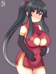  1girl artist_logo black_gloves black_hair blush breasts brown_background china_dress chinese_clothes cleavage dress elbow_gloves embarrassed gloves hair_between_eyes hungry kanon_(kurogane_knights) kantai_collection large_breasts long_hair looking_at_viewer one-hour_drawing_challenge ponytail red_eyes smile solo very_long_hair yahagi_(kancolle) 