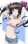  1girl armpits arms_up artist_name black_hair blue_background breasts collarbone cowboy_shot hair_ribbon highres long_hair miyabi_mt-b navel open_mouth panties red_eyes ribbon sarashi senki_zesshou_symphogear short_shorts shorts simple_background small_breasts solo striped striped_panties tsukuyomi_shirabe twintails underwear very_long_hair 