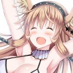  1girl :d ^_^ armpits arms_up bare_shoulders beamed_eighth_notes blush breasts brown_hair brown_wings character_request chouhakai!!_barbarossa cleavage closed_eyes facing_viewer feathered_wings givuchoko hair_between_eyes head_wings large_breasts long_hair musical_note simple_background smile solo star_(symbol) white_background wings 