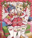  2boys absurdres alois_trancy artist_name black_gloves blonde_hair blue_eyes blue_hair bow candy_cane_earrings checkerboard_cookie checkerboard_cookie_hair_ornament christmas ciel_phantomhive cookie cookie_earrings cookie_hair_ornament crossdressing earrings expressionless eyepatch food food-themed_hair_ornament gift gloves green_bow hair_ornament hat heart heart_eyepatch heart_hair_ornament highres holding holding_gift jewelry kuroshitsuji male_focus merry_christmas mistletoe multicolored_bow multiple_boys otoko_no_ko red_bow santa_capelet santa_costume santa_hat short_hair smile stuffed_animal stuffed_rabbit stuffed_toy thighhighs tongue tongue_out tongue_tattoo white_thighhighs wormy_owo yaoi 