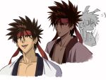  1boy bangs brown_eyes brown_hair collarbone cropped_torso hair_between_eyes headband japanese_clothes kimono male_focus okurase open_clothes open_kimono red_headband rurouni_kenshin sagara_sanosuke shiny shiny_hair short_hair sketch solo spiked_hair upper_body white_background white_kimono 