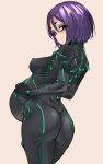  1girl absurdres ass back big_belly black_bodysuit bodysuit breasts covered_nipples das_(dan_dan) fate/samurai_remnant fate_(series) grey_eyes highres looking_at_viewer looking_back medium_breasts minamoto_no_raikou_(fate) neon_trim parted_bangs pregnant purple_hair rider_(fate/samurai_remnant) short_hair smile solo spoilers 