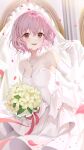  1girl absurdres bare_shoulders blurry blurry_background bob_cut bouquet braid breasts bridal_gauntlets cleavage commission crown_braid date_a_live date_a_live:_rinne_utopia dress earrings falling_petals highres holding holding_bouquet ion_(on01e) jewelry large_breasts medium_hair necklace open_mouth orange_eyes petals pink_hair pixiv_commission ring smile solo sonogami_rinne teeth upper_teeth_only wedding_dress wedding_ring white_bridal_gauntlets white_dress 