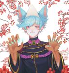  1boy absurdres animal_ears astrocatsama berry black_jacket black_sleeves blue_eyes blue_hair blue_nails cat_ears chest_jewel chinese_clothes claw_pose closed_mouth commentary dark_skin english_commentary fingernails gem gold_trim gradient_skin green_gemstone highres jacket light_blush long_sleeves male_focus original ribbon-trimmed_jacket sharp_fingernails short_hair simple_background smile solo straight-on tangzhuang triangular_headpiece turtleneck turtleneck_jacket upper_body very_short_hair white_background 