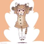  1girl arms_up bird_girl bird_tail bird_wings brown_background brown_hair coat coroha eurasian_eagle_owl_(kemono_friends) feathered_wings full_body gloves head_wings jumping kemono_friends looking_at_viewer shoes short_hair simple_background solo tail thighhighs wings 