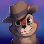 1:1 2023 absurd_res anthro black_nose blue_background brown_body brown_fur bust_portrait chest_tuft chip_&#039;n_dale_rescue_rangers chip_(disney) chipmunk clothed clothing digital_media_(artwork) disney fedora fur furgonomic_headwear furgonomics gradient_background ground_squirrel hat headgear headwear hi_res jacket looking_at_viewer lowfire3 male mammal open_clothing open_jacket open_topwear portrait rodent sciurid simple_background smile solo topwear tuft